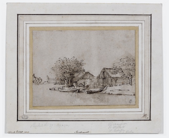 Attributed to Rembrandt, Boatyard on the island near the Overtoom, ca. 1641, Pen and brush and brown ink with brown washings on white paper
