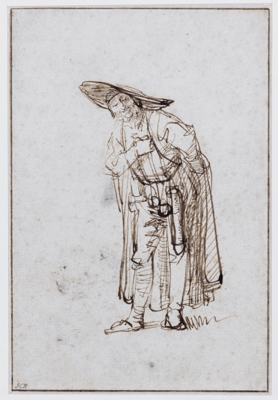 Attributed to Rembrandt, Actor in the character of Pantalone ca. 1636-1640, drawing, pen and brush with brown ink on white paper