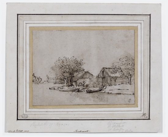Attributed to Rembrandt, Boatyard on the island near the Overtoom, ca. 1641, Pen and brush and brown ink with brown washings on white paper